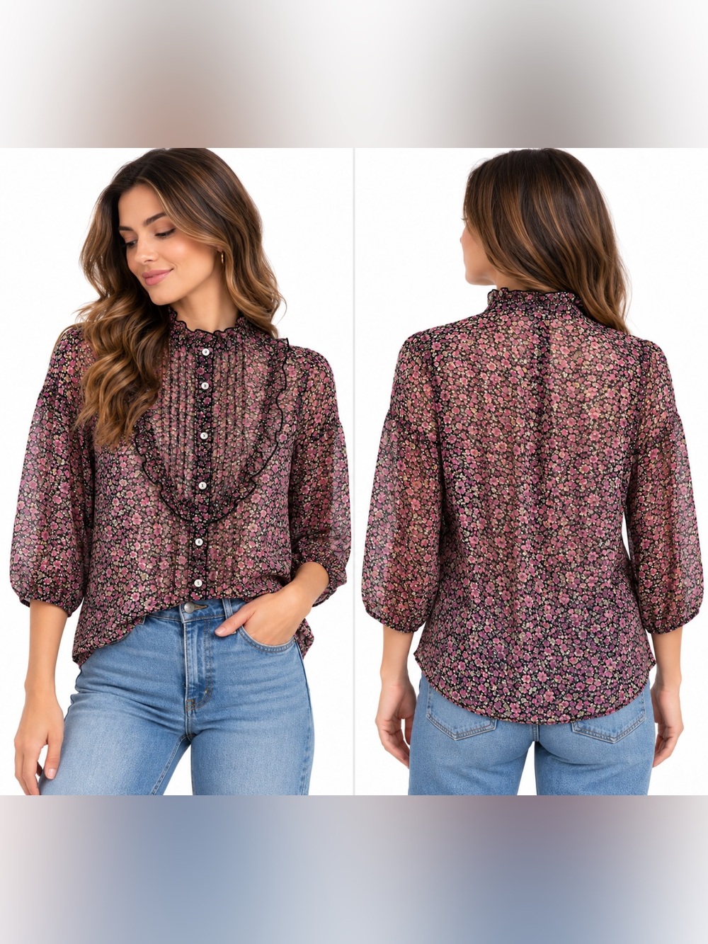 Olive des Olive Floral Ruffle Sheer Button Front Blouse Size S